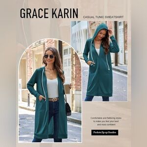 Grace Karin Blue-Green Hooded Tunic Hoodie size medium EUC